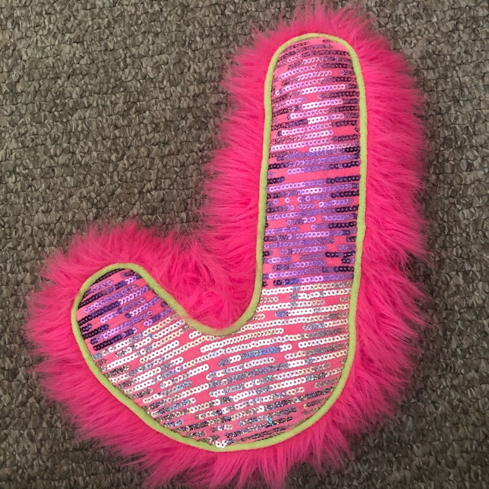 Sparkly fluffy pink sequin letter J pillow